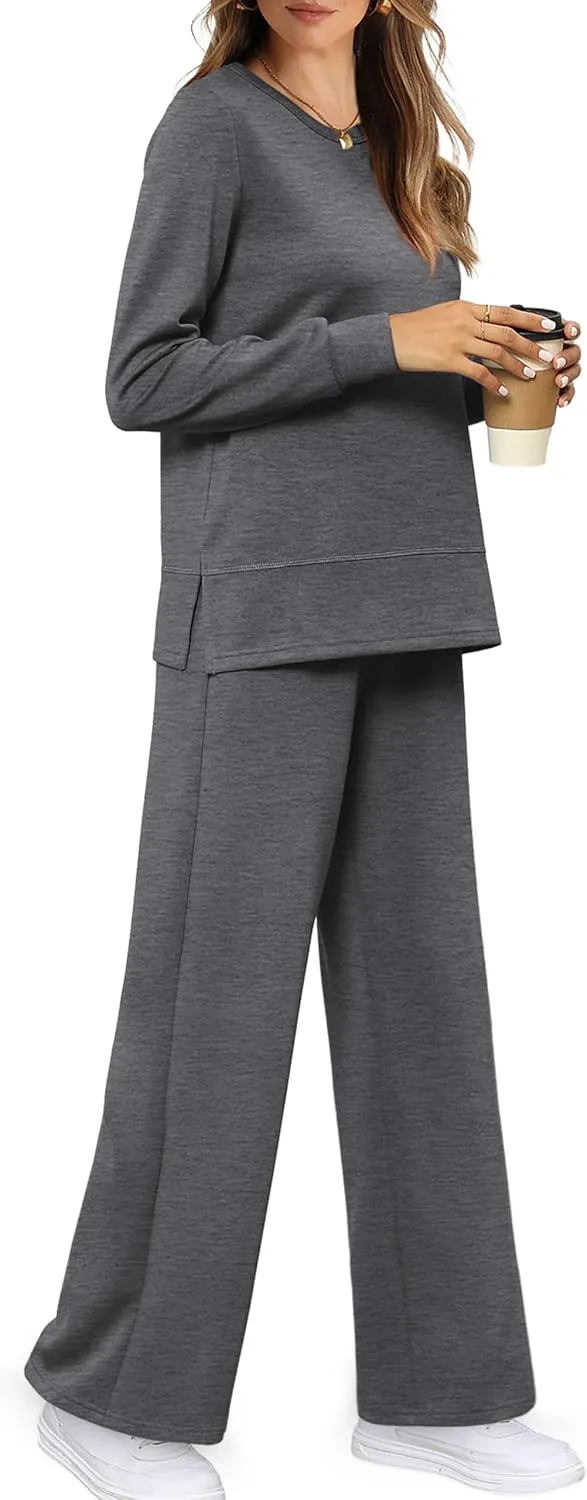 WIHOLL Women's 2 Piece Lounge Sets Sweatshirt Casual Travel Outfits Fashion Wide Leg Tracksuit Cozy Sweatsuits