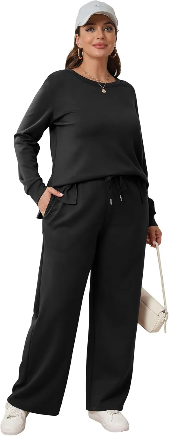 WIHOLL Women's 2 Piece Lounge Sets Sweatshirt Casual Travel Outfits Fashion Wide Leg Tracksuit Cozy Sweatsuits