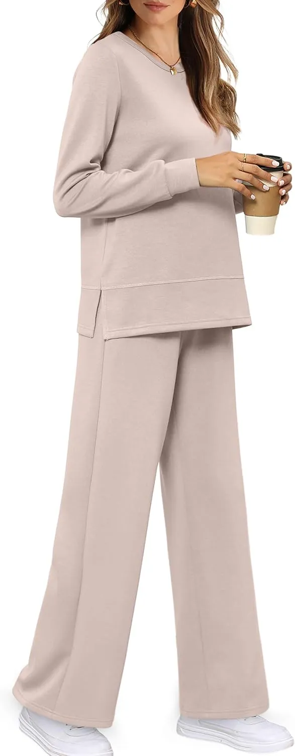 WIHOLL Women's 2 Piece Lounge Sets Sweatshirt Casual Travel Outfits Fashion Wide Leg Tracksuit Cozy Sweatsuits