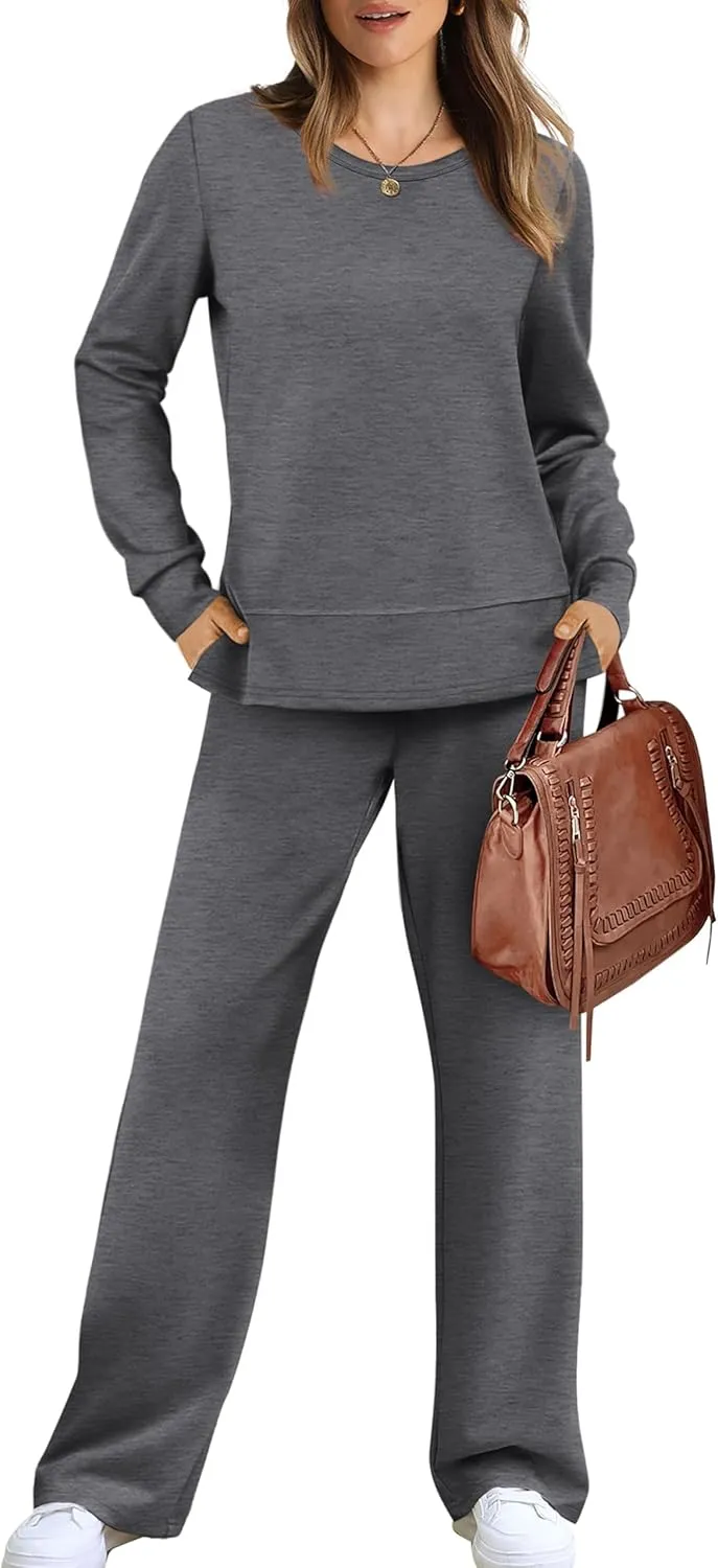 WIHOLL Women's 2 Piece Lounge Sets Sweatshirt Casual Travel Outfits Fashion Wide Leg Tracksuit Cozy Sweatsuits