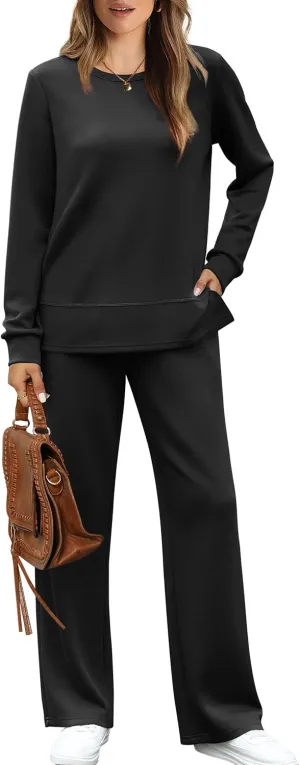 WIHOLL Women's 2 Piece Lounge Sets Sweatshirt Casual Travel Outfits Fashion Wide Leg Tracksuit Cozy Sweatsuits