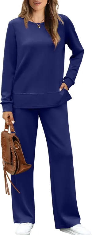 WIHOLL Women's 2 Piece Lounge Sets Sweatshirt Casual Travel Outfits Fashion Wide Leg Tracksuit Cozy Sweatsuits