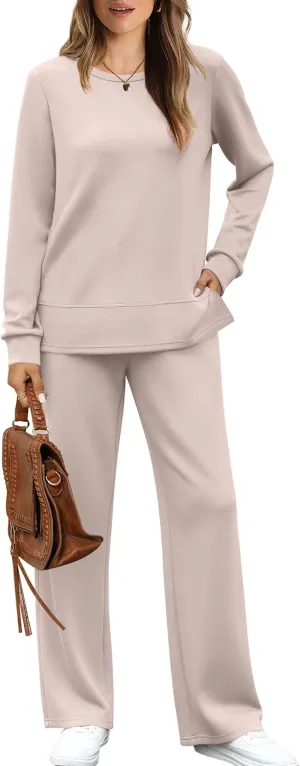 WIHOLL Women's 2 Piece Lounge Sets Sweatshirt Casual Travel Outfits Fashion Wide Leg Tracksuit Cozy Sweatsuits