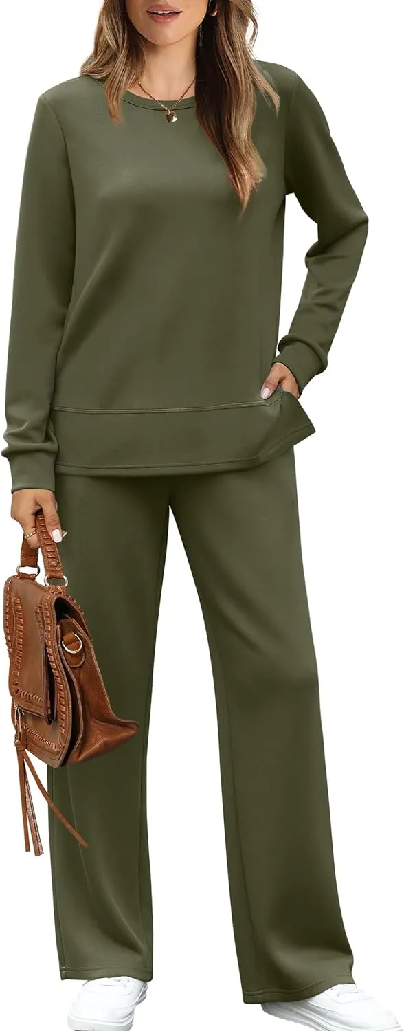 WIHOLL Women's 2 Piece Lounge Sets Sweatshirt Casual Travel Outfits Fashion Wide Leg Tracksuit Cozy Sweatsuits