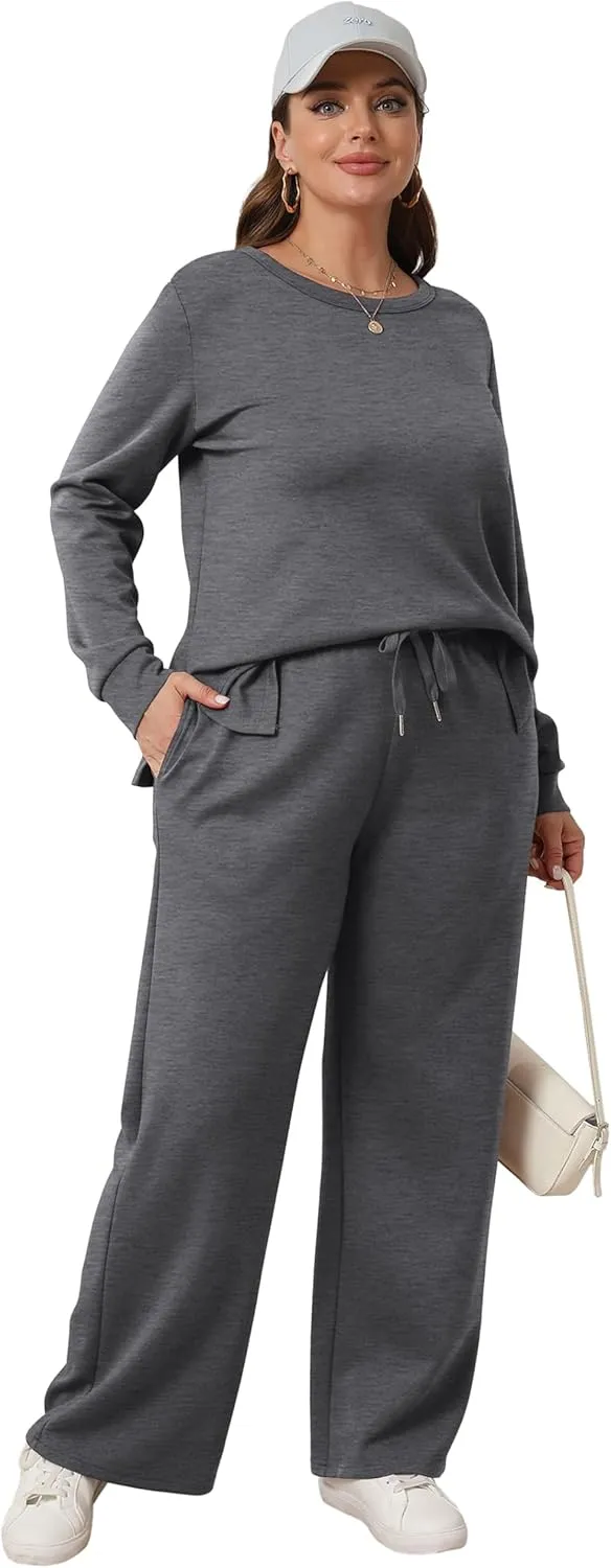 WIHOLL Women's 2 Piece Lounge Sets Sweatshirt Casual Travel Outfits Fashion Wide Leg Tracksuit Cozy Sweatsuits