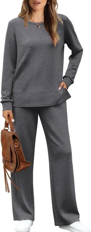 WIHOLL Women's 2 Piece Lounge Sets Sweatshirt Casual Travel Outfits Fashion Wide Leg Tracksuit Cozy Sweatsuits