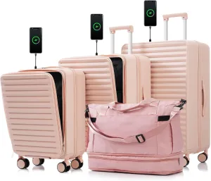 Wild & Bold luggage 3 Piece 20/24/28/Sets and a bag, 20 "24" with front pocket,Hard Shell Luggage Carry on Luggage Set with TSA lock, usb, universal wheel,cup holder,pink