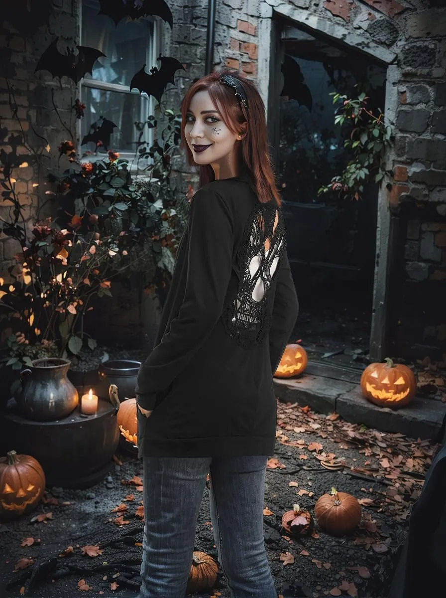 WLLW Womens Long Sleeve Open Front Back Cut Out Skull Cardigan Tops