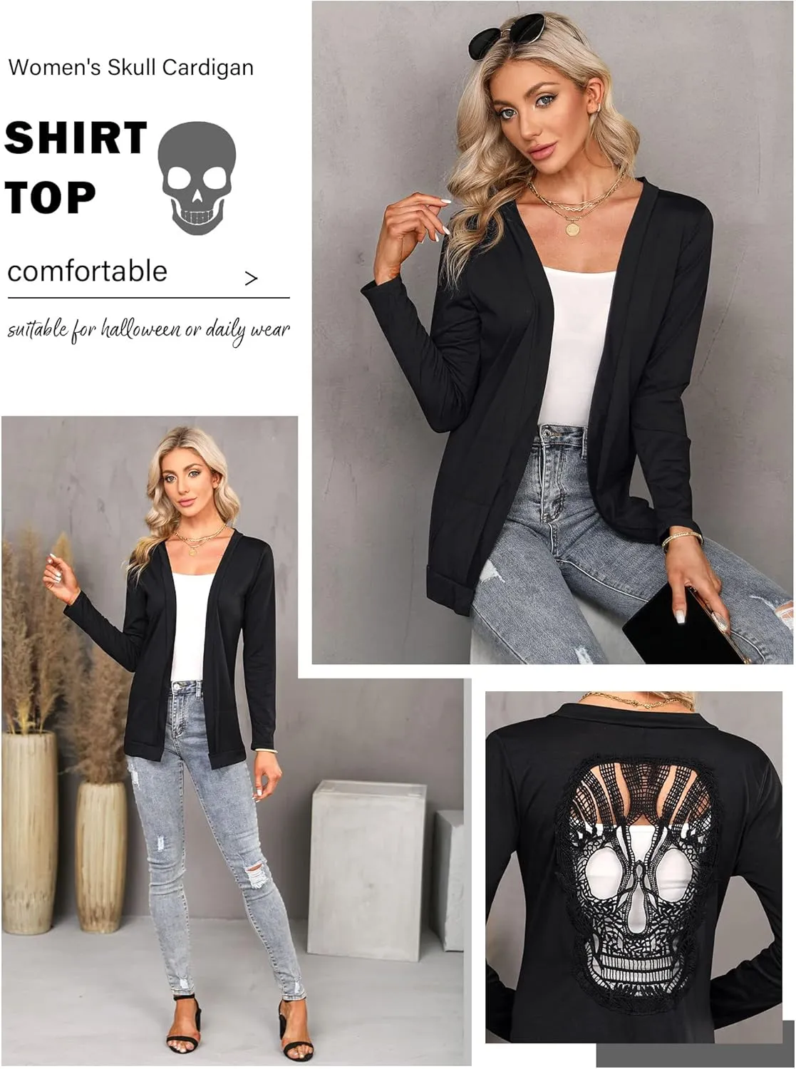 WLLW Womens Long Sleeve Open Front Back Cut Out Skull Cardigan Tops