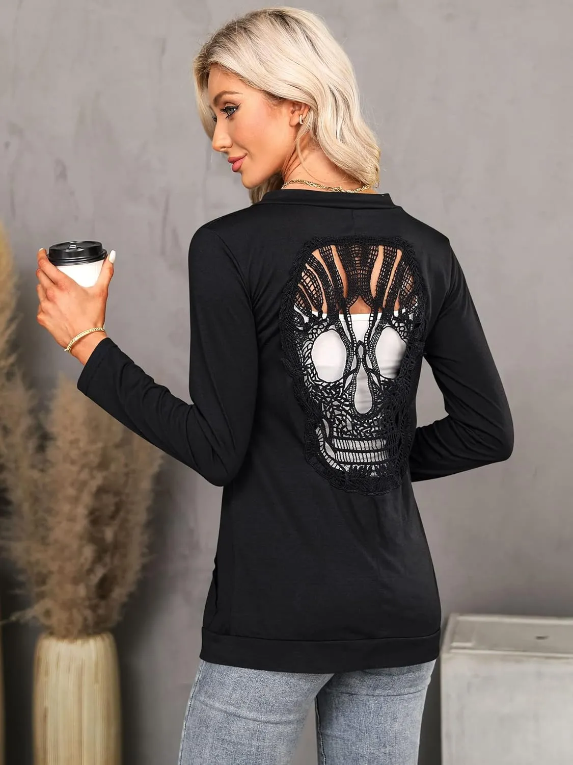 WLLW Womens Long Sleeve Open Front Back Cut Out Skull Cardigan Tops