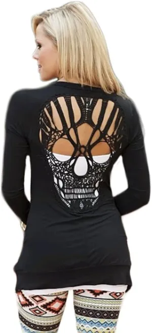 WLLW Womens Long Sleeve Open Front Back Cut Out Skull Cardigan Tops