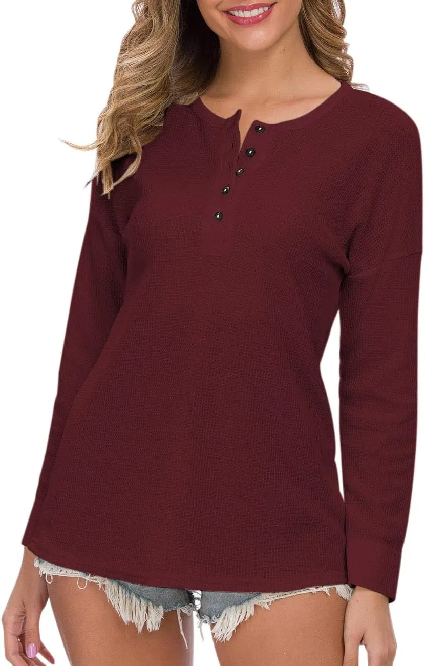 WNEEDU Women's Waffle Knit Tunic Tops Loose Long Sleeve Button Up V Neck Henley Shirts