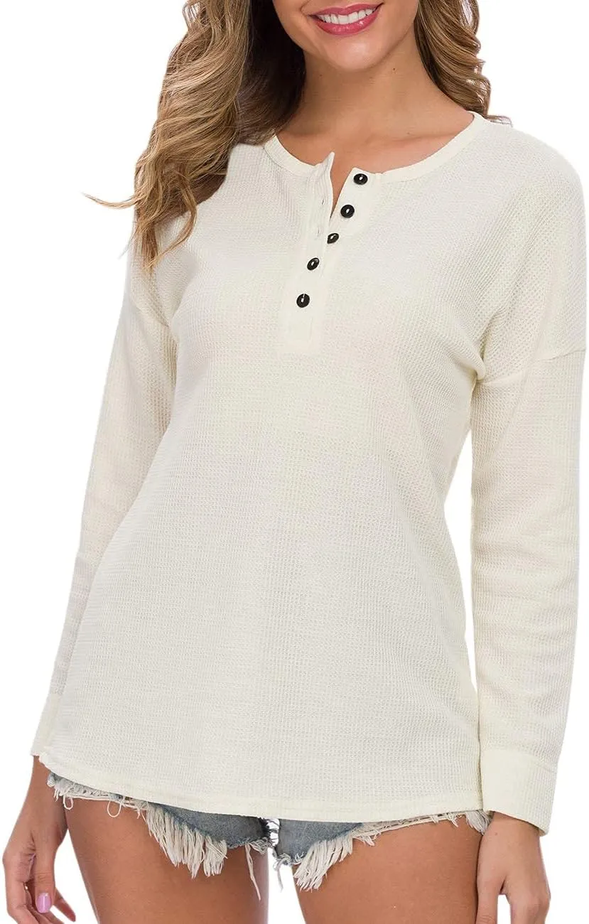 WNEEDU Women's Waffle Knit Tunic Tops Loose Long Sleeve Button Up V Neck Henley Shirts