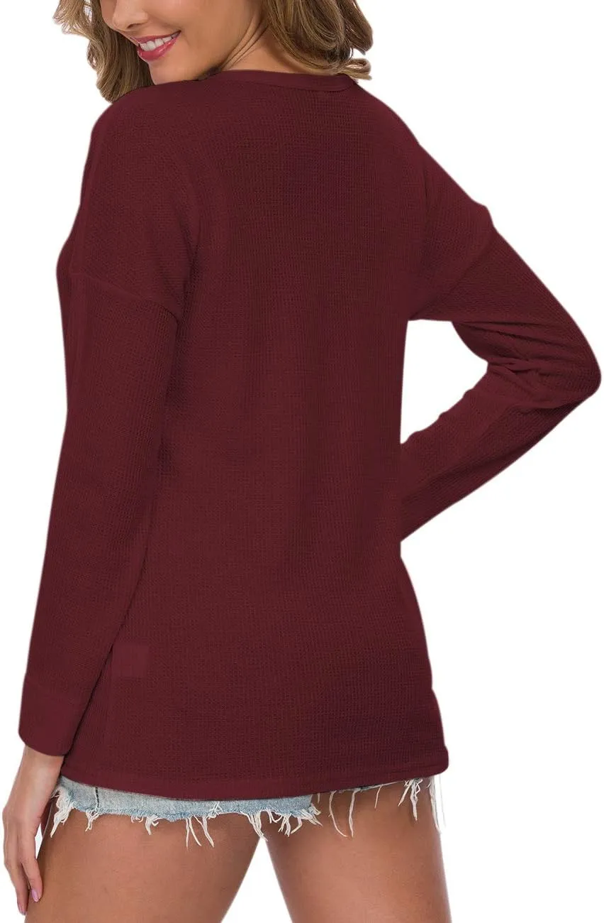 WNEEDU Women's Waffle Knit Tunic Tops Loose Long Sleeve Button Up V Neck Henley Shirts
