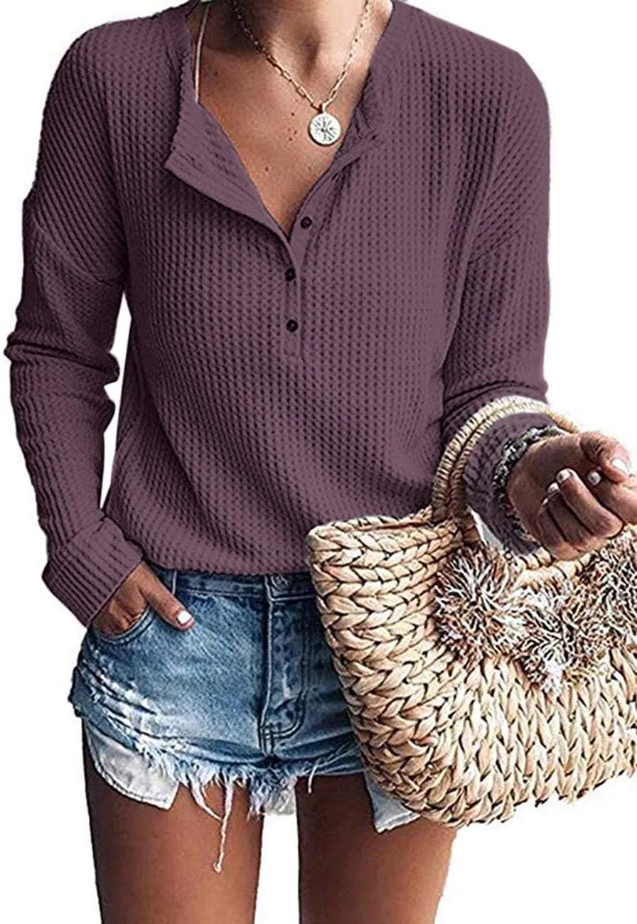 WNEEDU Women's Waffle Knit Tunic Tops Loose Long Sleeve Button Up V Neck Henley Shirts