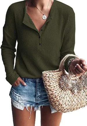 WNEEDU Women's Waffle Knit Tunic Tops Loose Long Sleeve Button Up V Neck Henley Shirts