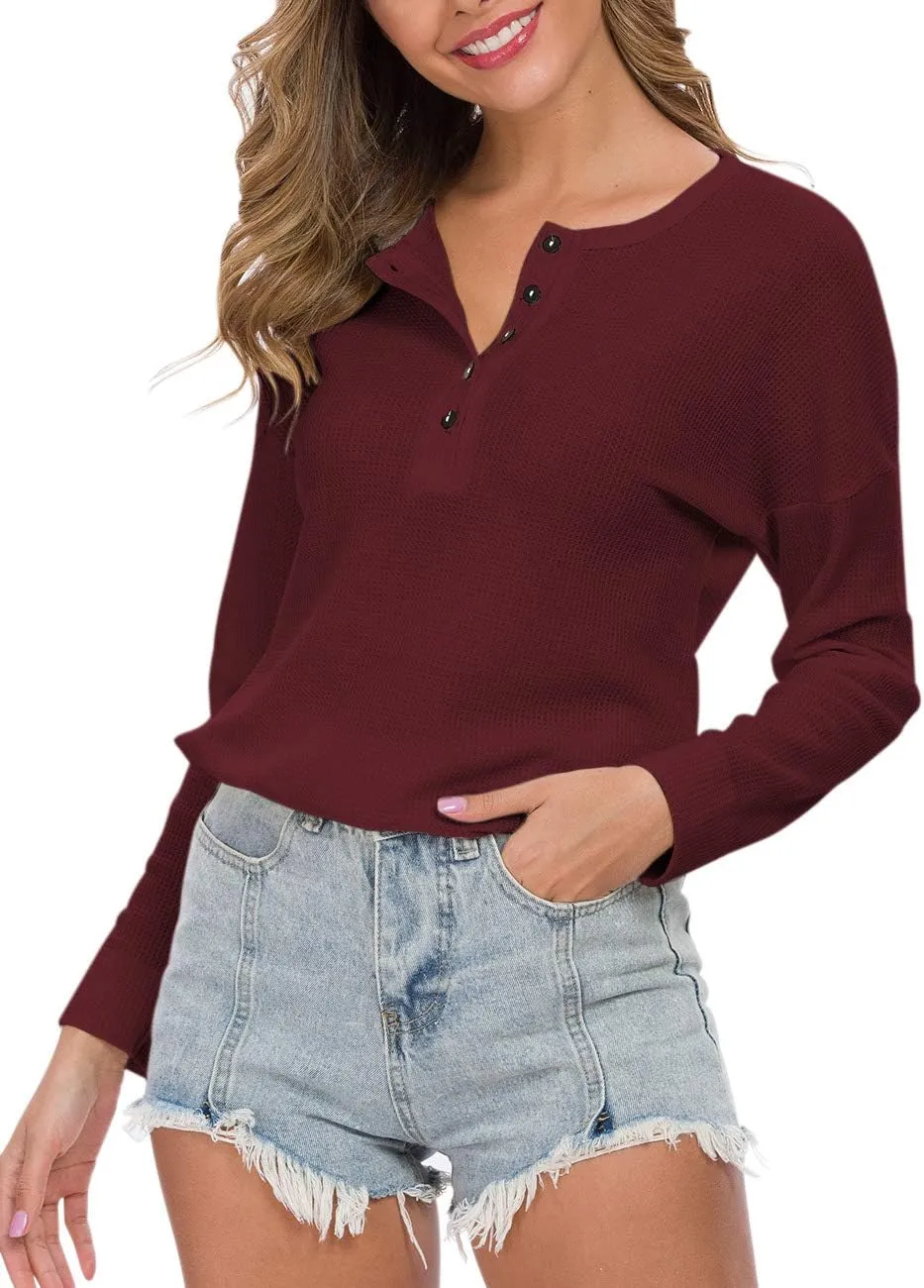 WNEEDU Women's Waffle Knit Tunic Tops Loose Long Sleeve Button Up V Neck Henley Shirts