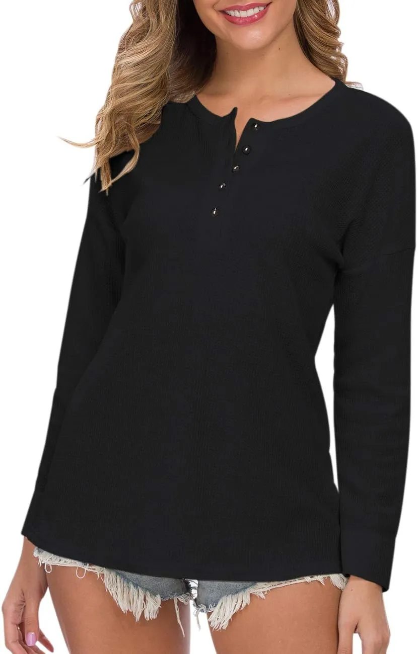 WNEEDU Women's Waffle Knit Tunic Tops Loose Long Sleeve Button Up V Neck Henley Shirts