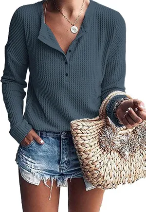 WNEEDU Women's Waffle Knit Tunic Tops Loose Long Sleeve Button Up V Neck Henley Shirts