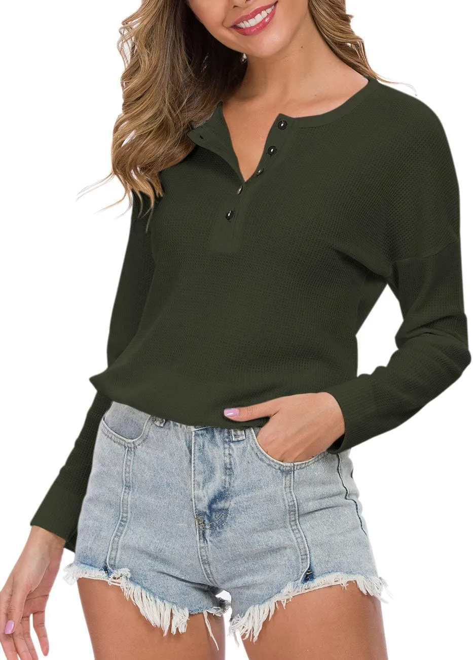 WNEEDU Women's Waffle Knit Tunic Tops Loose Long Sleeve Button Up V Neck Henley Shirts