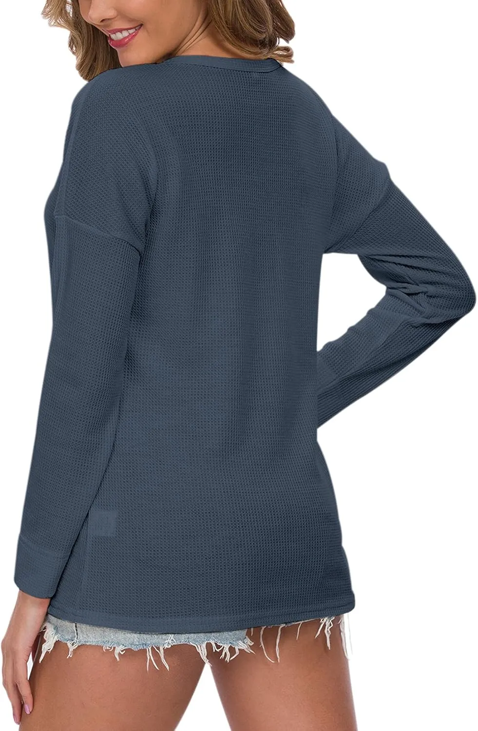 WNEEDU Women's Waffle Knit Tunic Tops Loose Long Sleeve Button Up V Neck Henley Shirts