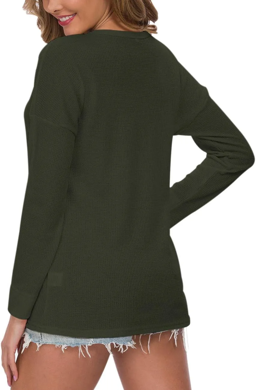 WNEEDU Women's Waffle Knit Tunic Tops Loose Long Sleeve Button Up V Neck Henley Shirts