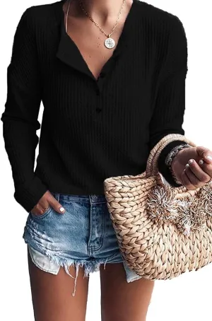 WNEEDU Women's Waffle Knit Tunic Tops Loose Long Sleeve Button Up V Neck Henley Shirts