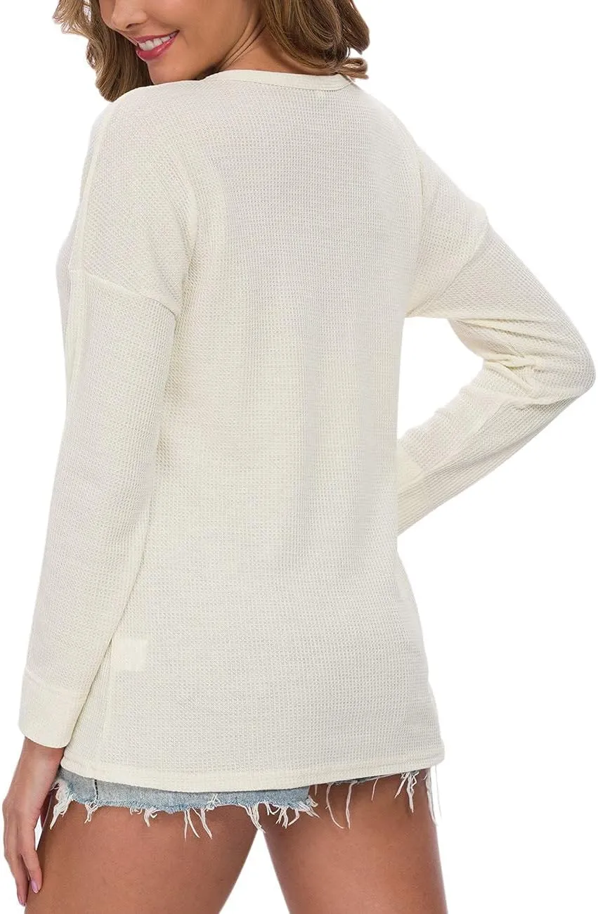 WNEEDU Women's Waffle Knit Tunic Tops Loose Long Sleeve Button Up V Neck Henley Shirts