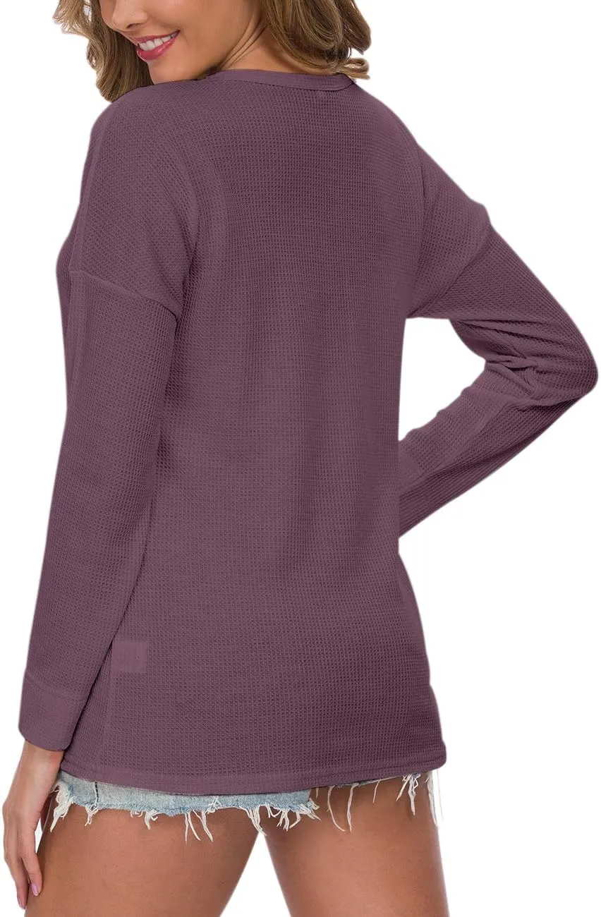 WNEEDU Women's Waffle Knit Tunic Tops Loose Long Sleeve Button Up V Neck Henley Shirts