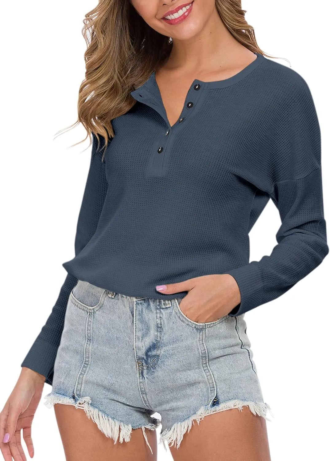 WNEEDU Women's Waffle Knit Tunic Tops Loose Long Sleeve Button Up V Neck Henley Shirts