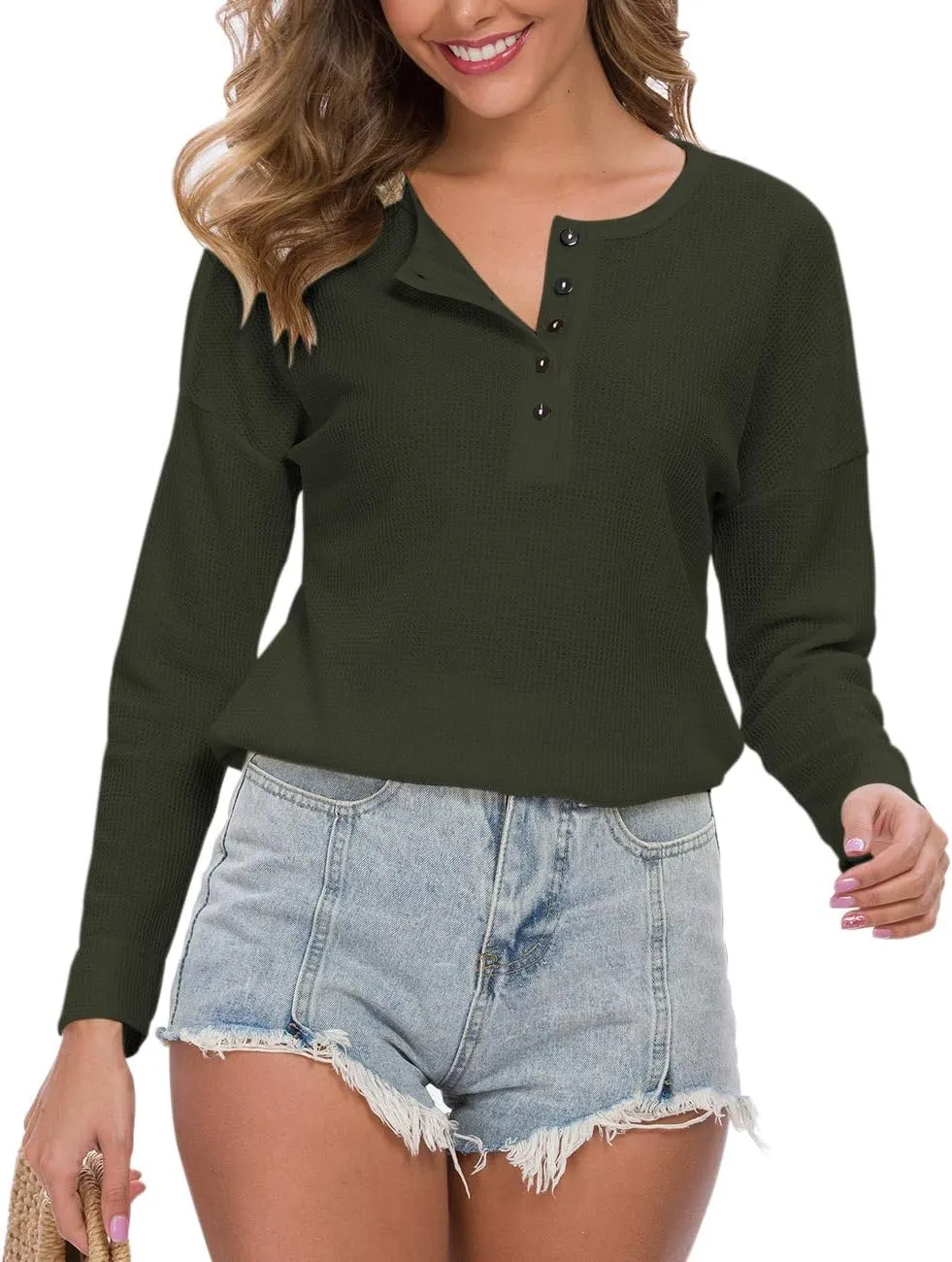 WNEEDU Women's Waffle Knit Tunic Tops Loose Long Sleeve Button Up V Neck Henley Shirts