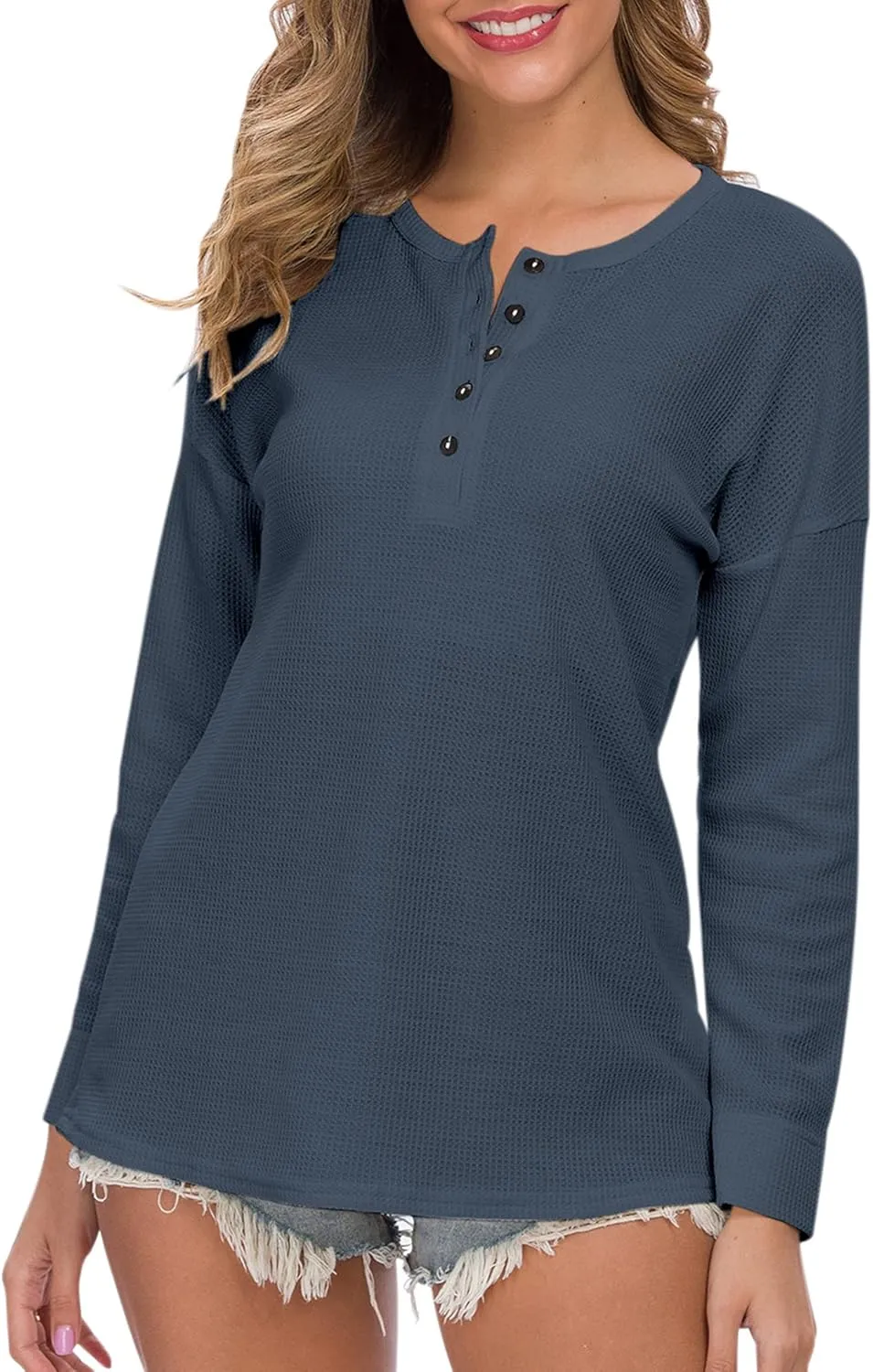 WNEEDU Women's Waffle Knit Tunic Tops Loose Long Sleeve Button Up V Neck Henley Shirts