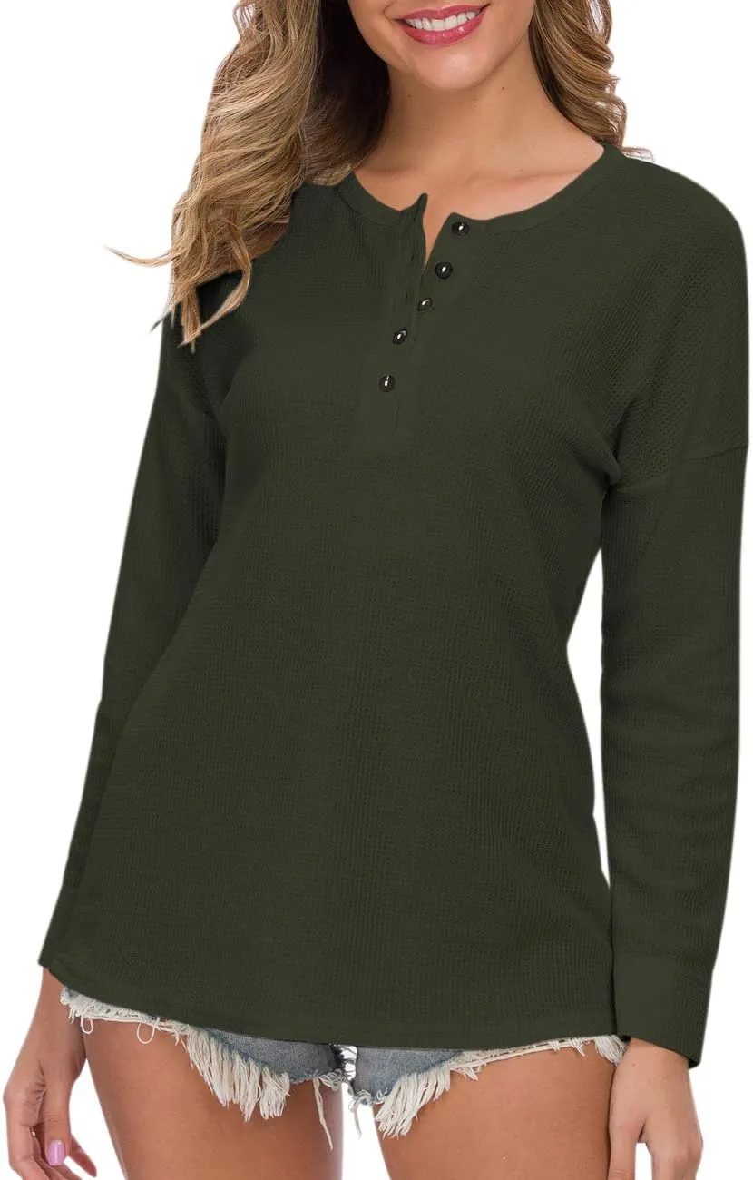 WNEEDU Women's Waffle Knit Tunic Tops Loose Long Sleeve Button Up V Neck Henley Shirts