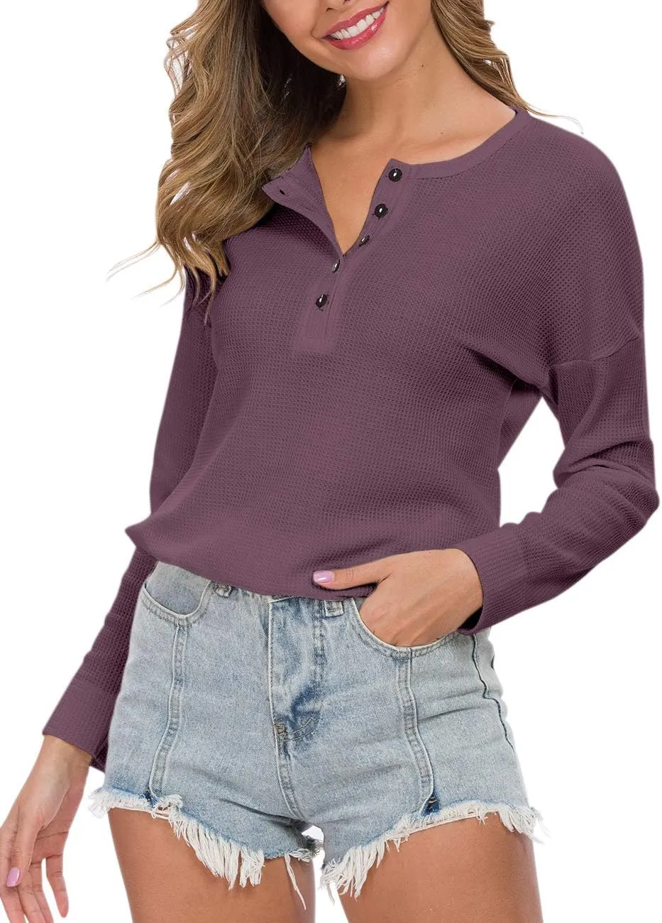 WNEEDU Women's Waffle Knit Tunic Tops Loose Long Sleeve Button Up V Neck Henley Shirts