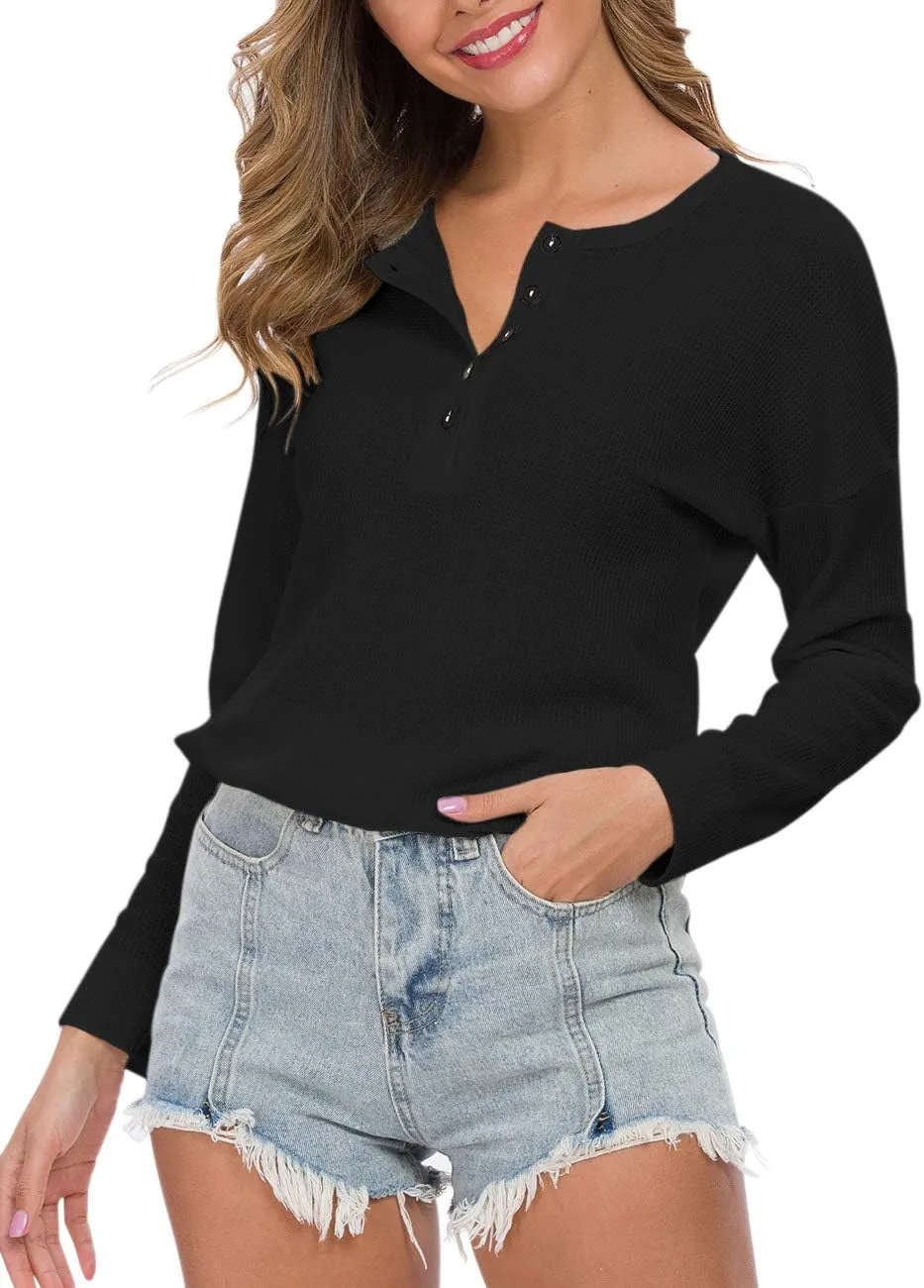 WNEEDU Women's Waffle Knit Tunic Tops Loose Long Sleeve Button Up V Neck Henley Shirts