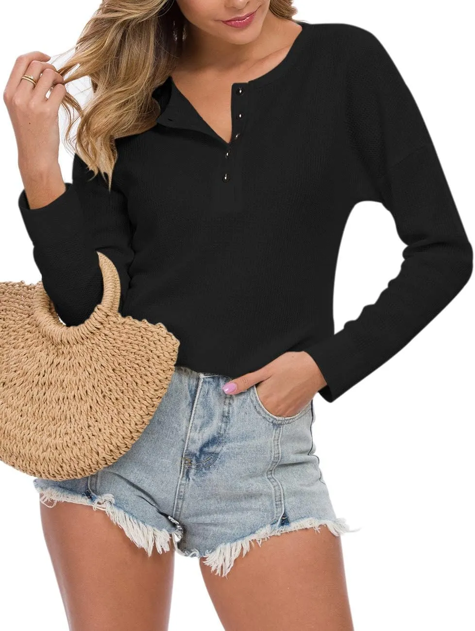 WNEEDU Women's Waffle Knit Tunic Tops Loose Long Sleeve Button Up V Neck Henley Shirts