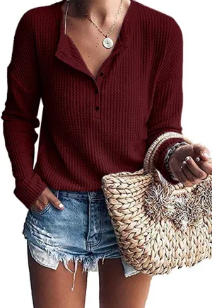 WNEEDU Women's Waffle Knit Tunic Tops Loose Long Sleeve Button Up V Neck Henley Shirts