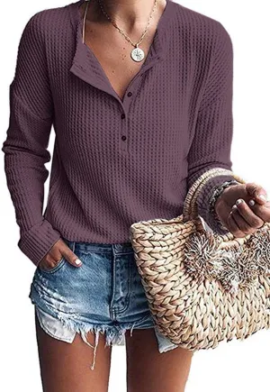 WNEEDU Women's Waffle Knit Tunic Tops Loose Long Sleeve Button Up V Neck Henley Shirts