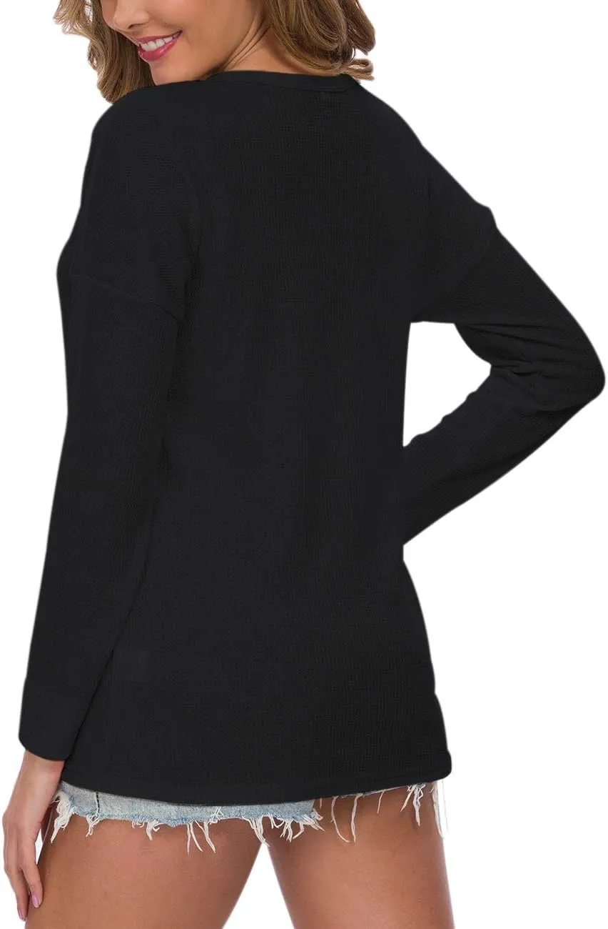 WNEEDU Women's Waffle Knit Tunic Tops Loose Long Sleeve Button Up V Neck Henley Shirts