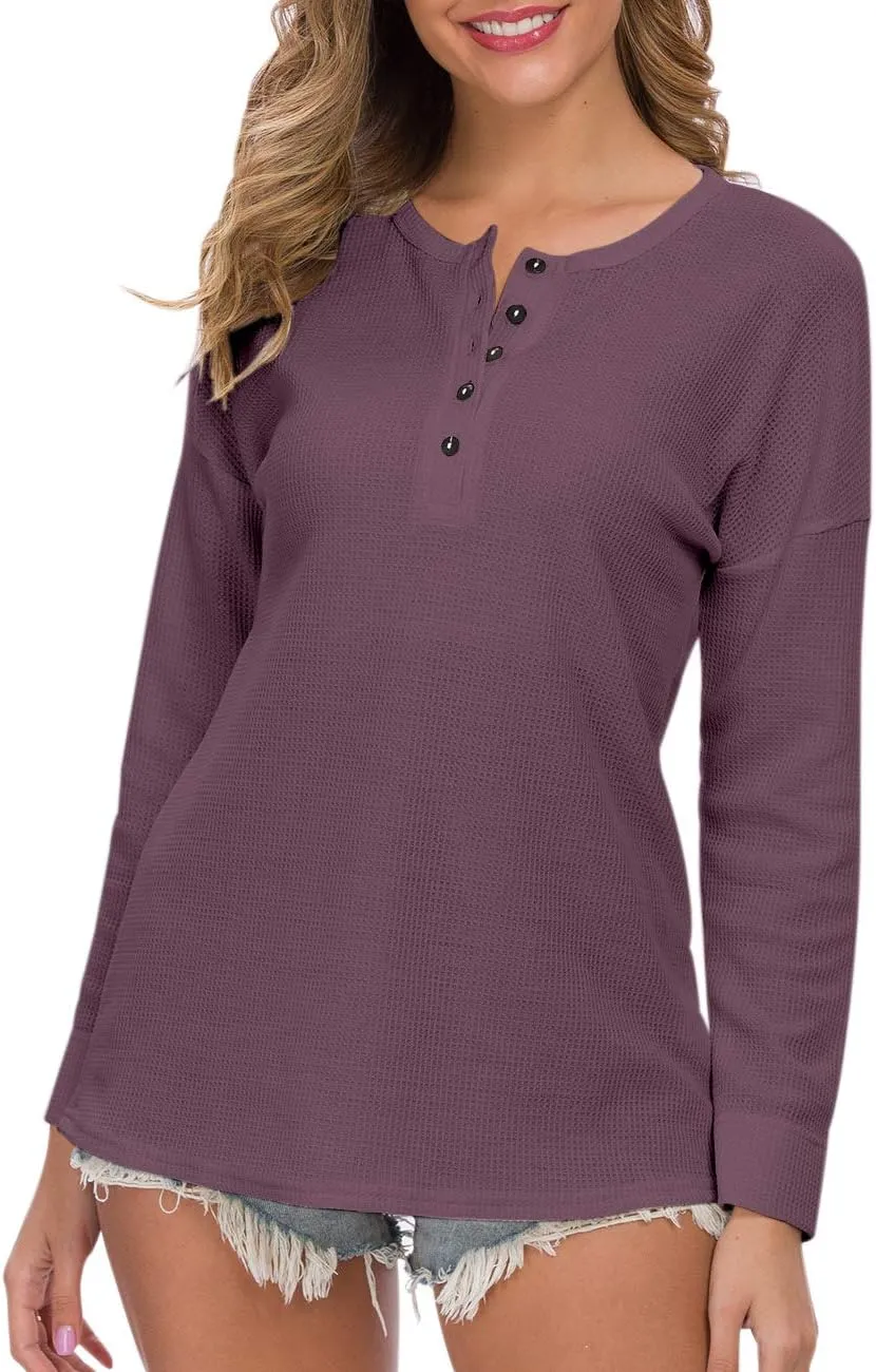 WNEEDU Women's Waffle Knit Tunic Tops Loose Long Sleeve Button Up V Neck Henley Shirts