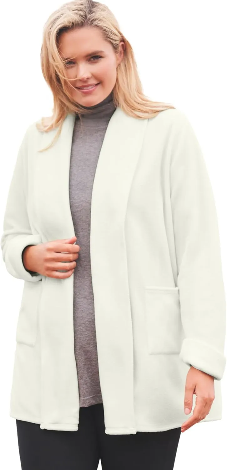 Woman Within Plus Size Microfleece Cardigan Shawl Collar Oversized Long Open Jacket