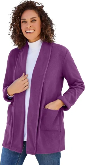 Woman Within Plus Size Microfleece Cardigan Shawl Collar Oversized Long Open Jacket