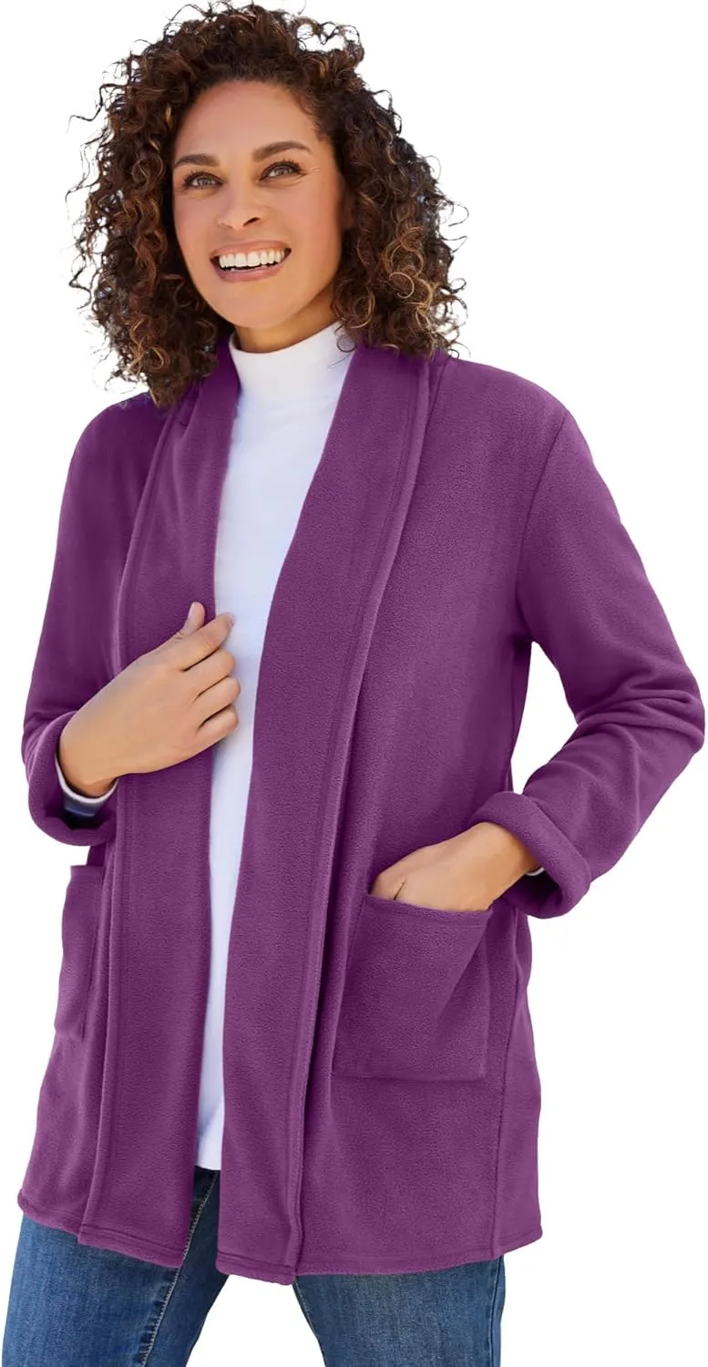 Woman Within Plus Size Microfleece Cardigan Shawl Collar Oversized Long Open Jacket