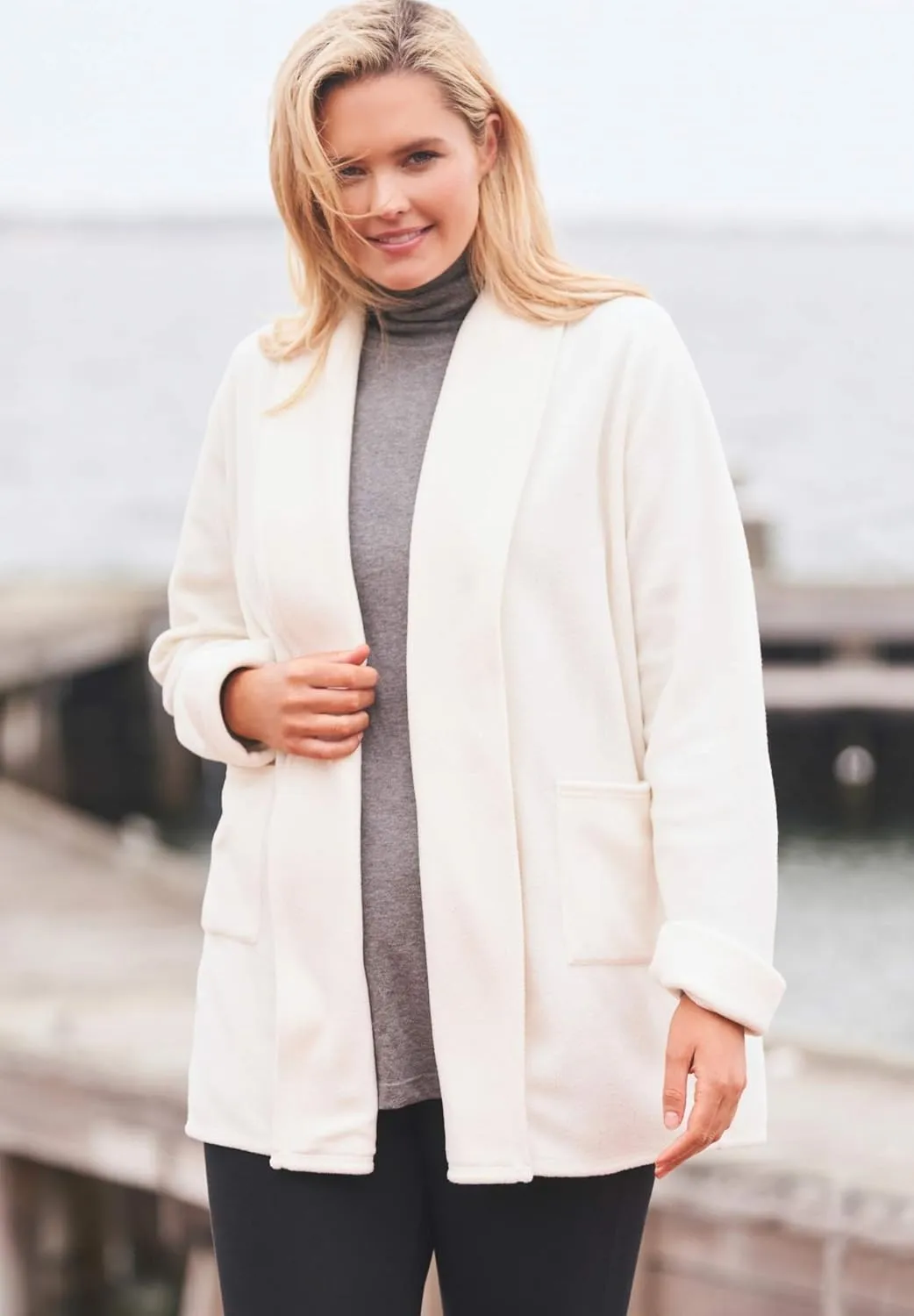 Woman Within Plus Size Microfleece Cardigan Shawl Collar Oversized Long Open Jacket