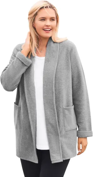 Woman Within Plus Size Microfleece Cardigan Shawl Collar Oversized Long Open Jacket