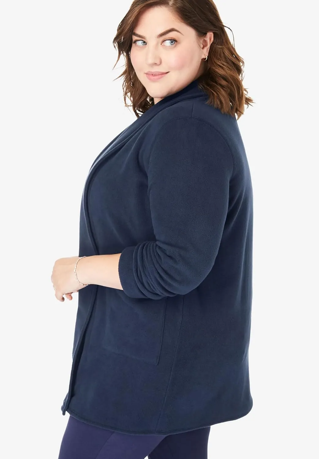 Woman Within Plus Size Microfleece Cardigan Shawl Collar Oversized Long Open Jacket