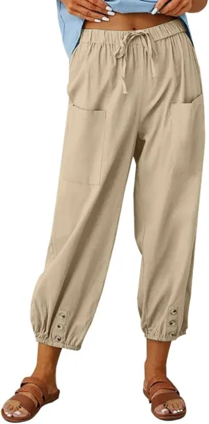 Women Cotton Linen Pants Casual Drawstring High Waisted Loose Plus Size Cropped Pants with Pockets