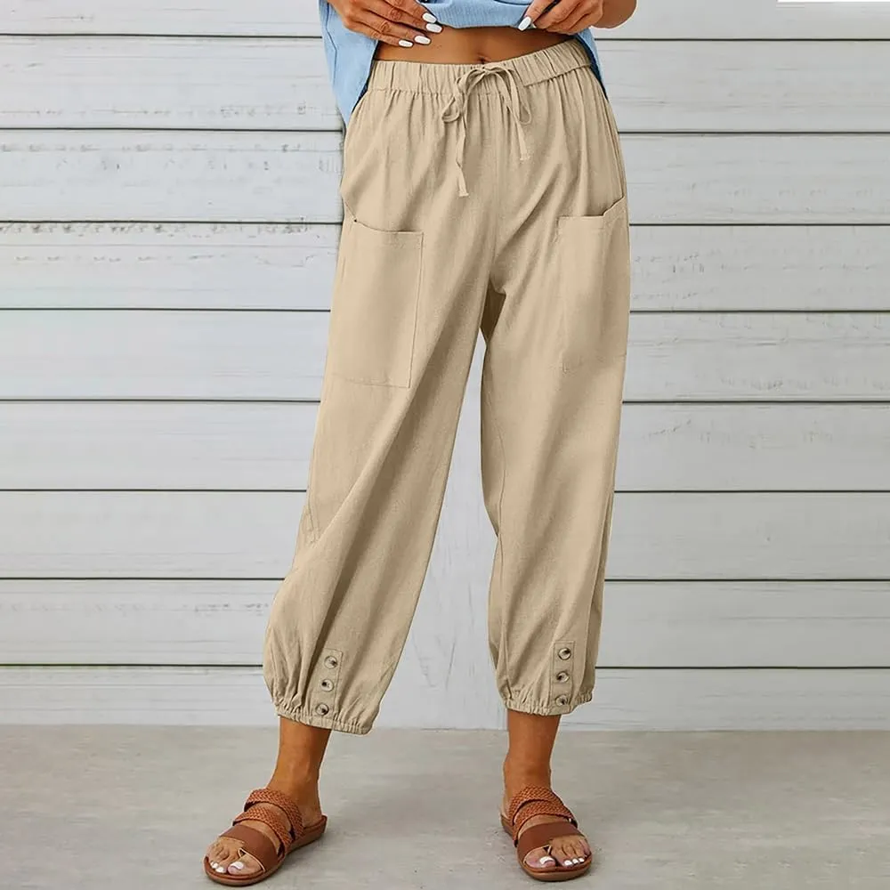 Women Cotton Linen Pants Casual Drawstring High Waisted Loose Plus Size Cropped Pants with Pockets