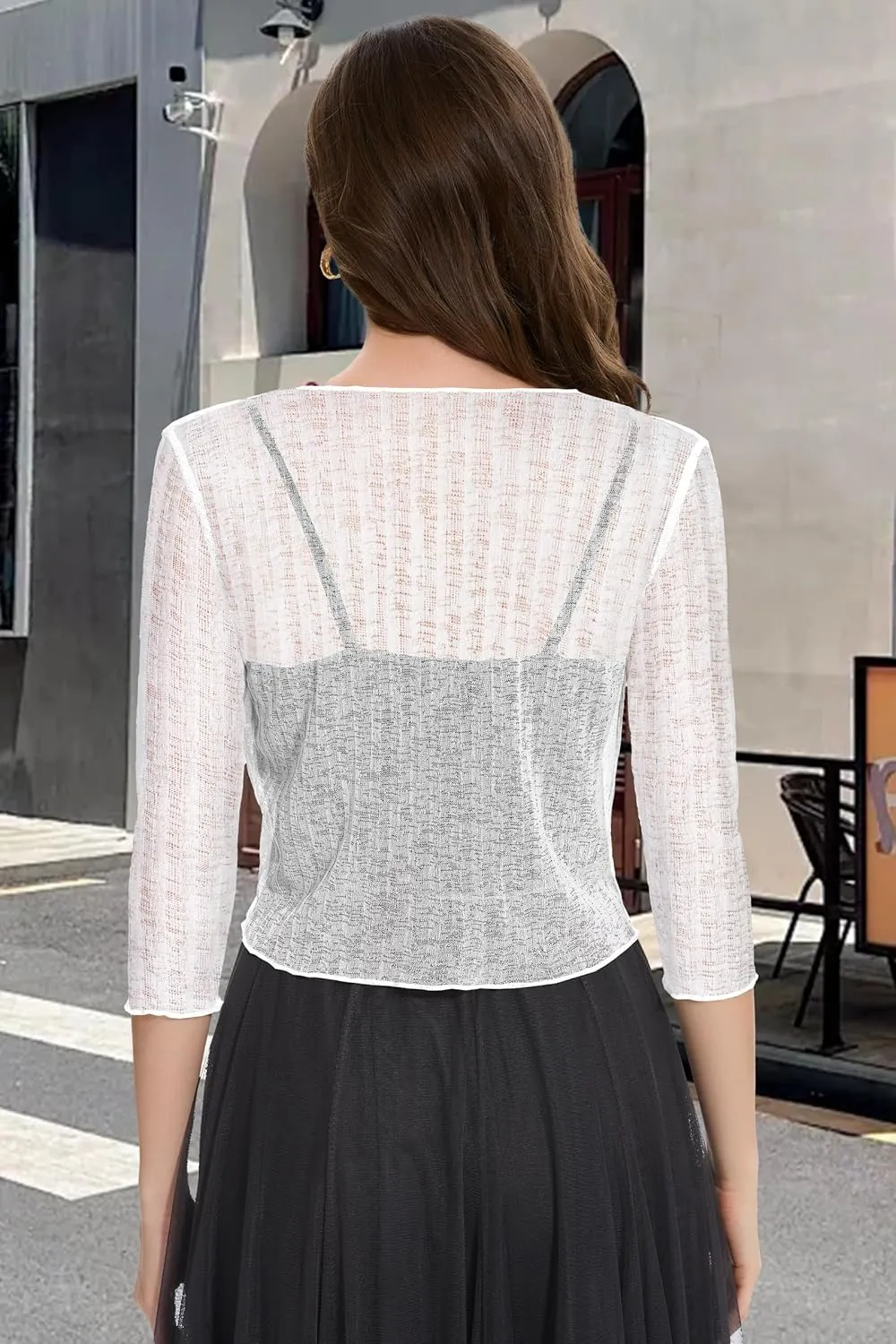 Women Crop Cardigan Sheer Mesh Bolero Shrug for Dress Tie Front 3/4 Sleeve Tops