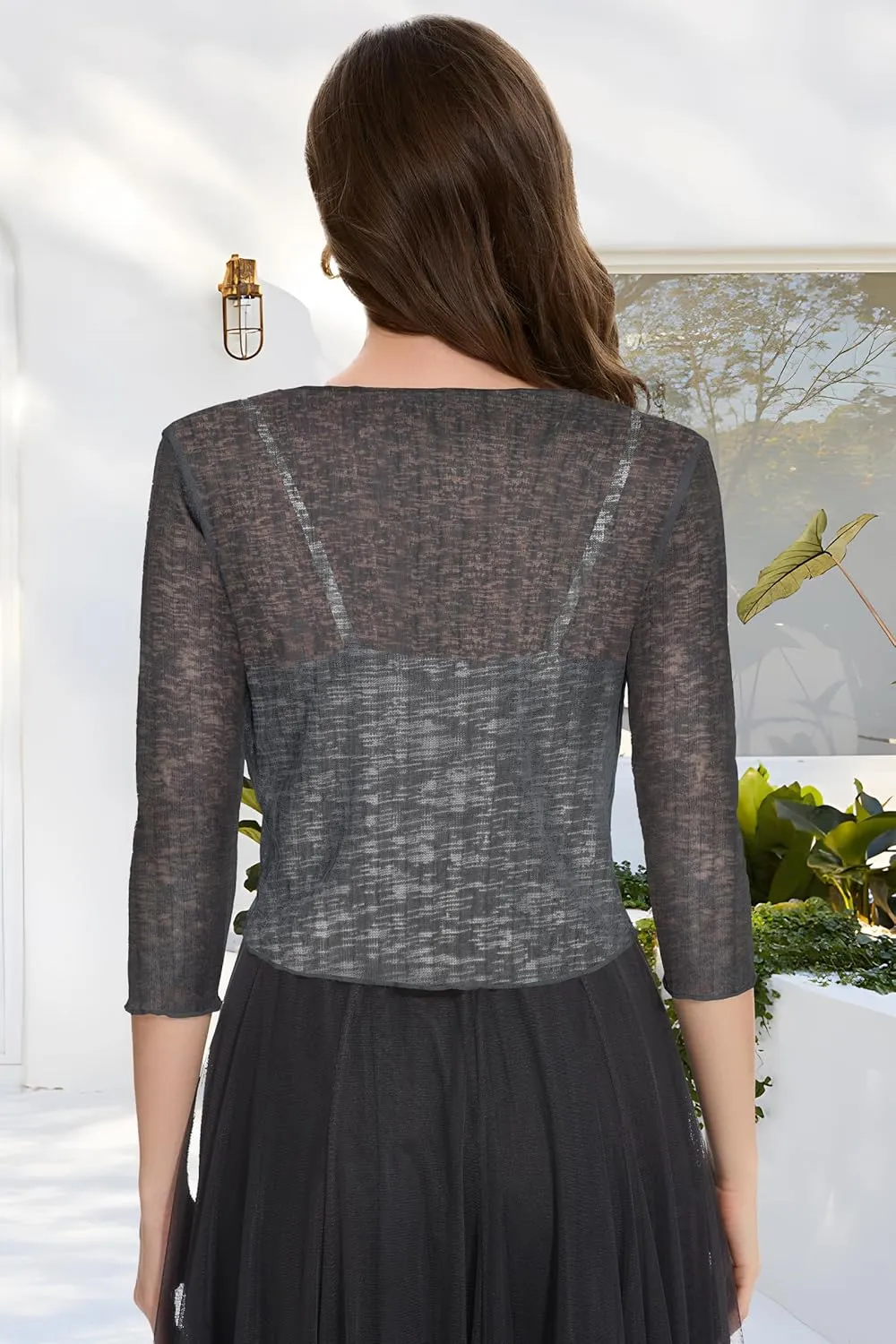 Women Crop Cardigan Sheer Mesh Bolero Shrug for Dress Tie Front 3/4 Sleeve Tops